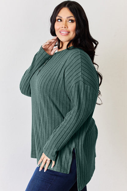 Basic Bae Ribbed Half Button Long Sleeve High-Low T-Shirt