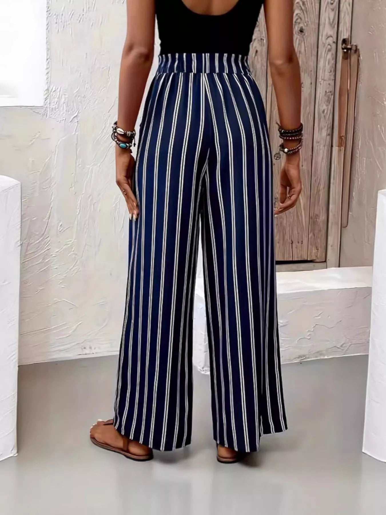 Plus Size Striped High Waist Wide Leg Cotton Pants with Pockets