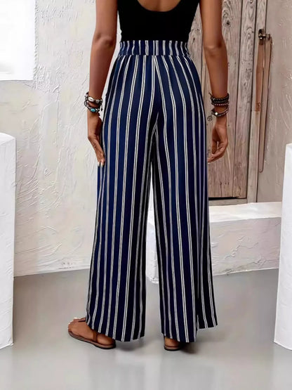 Plus Size Striped High Waist Wide Leg Cotton Pants with Pockets