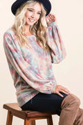 BiBi Brushed Tie Dye Print Top with Puff Sleeves Misty Rose