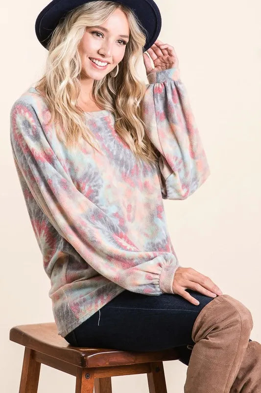 BiBi Brushed Tie Dye Print Top with Puff Sleeves Misty Rose