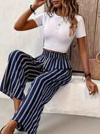 Plus Size Striped High Waist Wide Leg Cotton Pants with Pockets