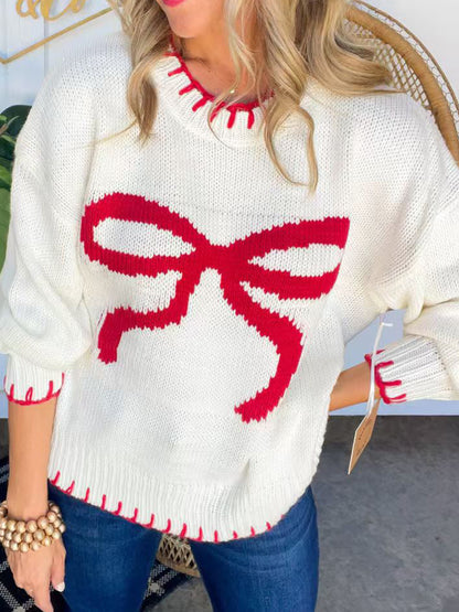 Bow Round Neck Long Sleeve Knit Sweater