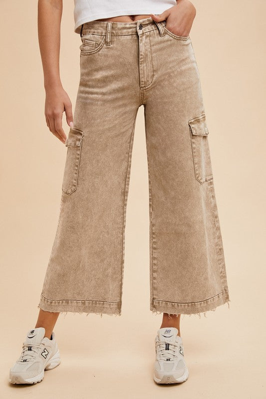 Annie Wear Raw Hem Wide-Leg Jeans with Cargo Pockets Camel