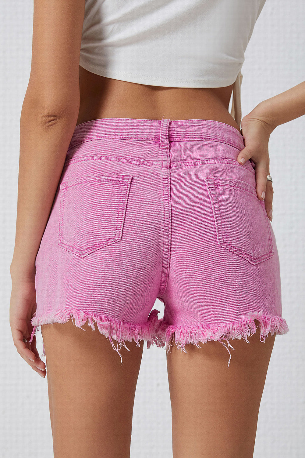 High-Rise Crossover Waist Denim Shorts - Distressed & Stylish