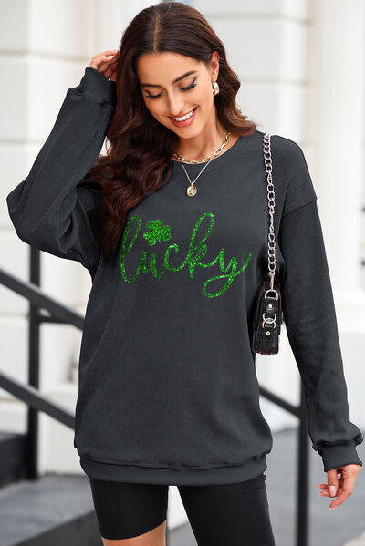 Sequin "LUCKY" Dropped Shoulder Sweatshirt Black