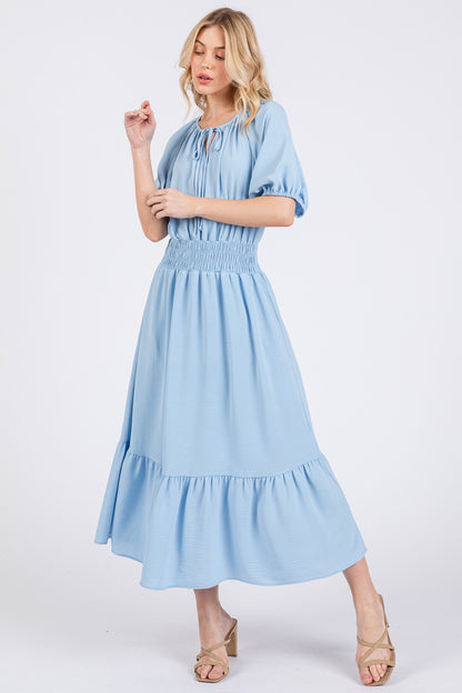 Ces Femme Smocked Waist Tie Neck Puff Sleeve Dress