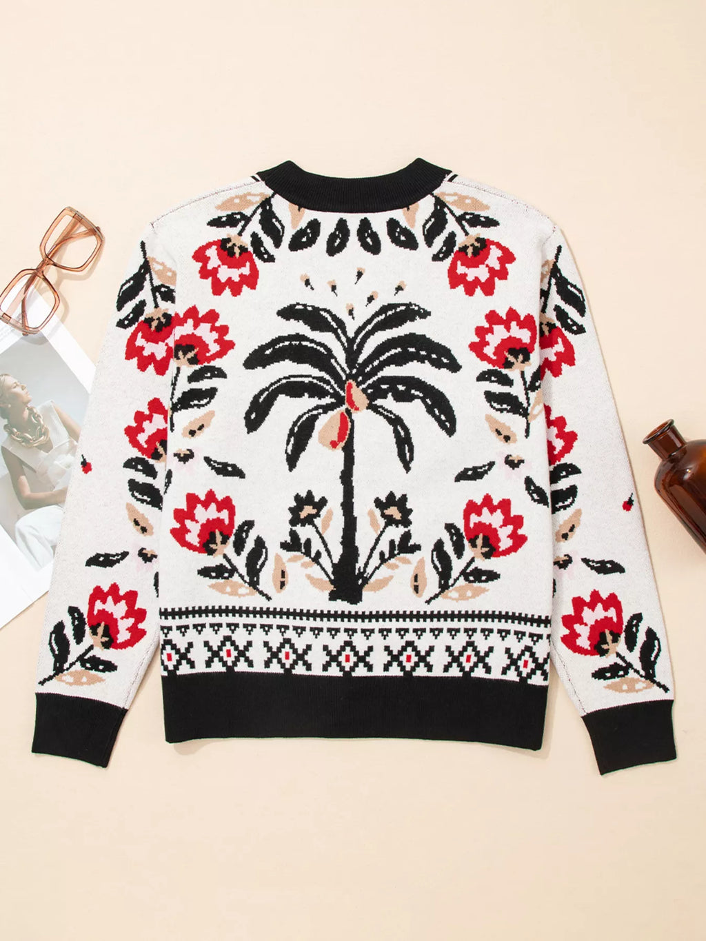 Floral Geometric Border Button-Down Cardigan