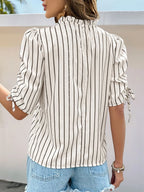 Striped Half Sleeve Blouse with Drawstring & Button Detail
