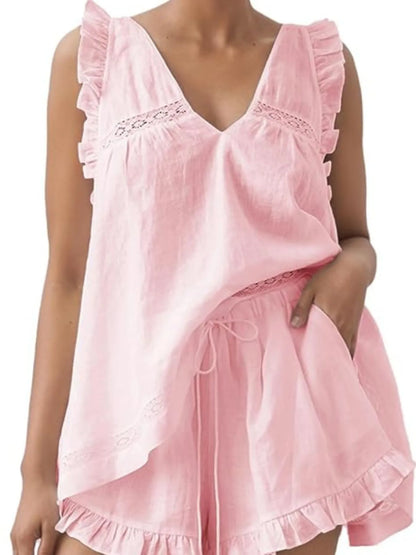 Ruffled V-Neck Top & High-Waist Shorts Co-Ord Set Blush Pink