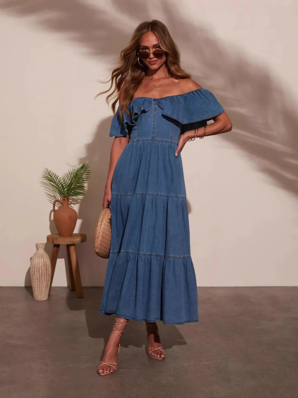 Off Shoulder Ruffle Tiered Denim Dress Dark Blue