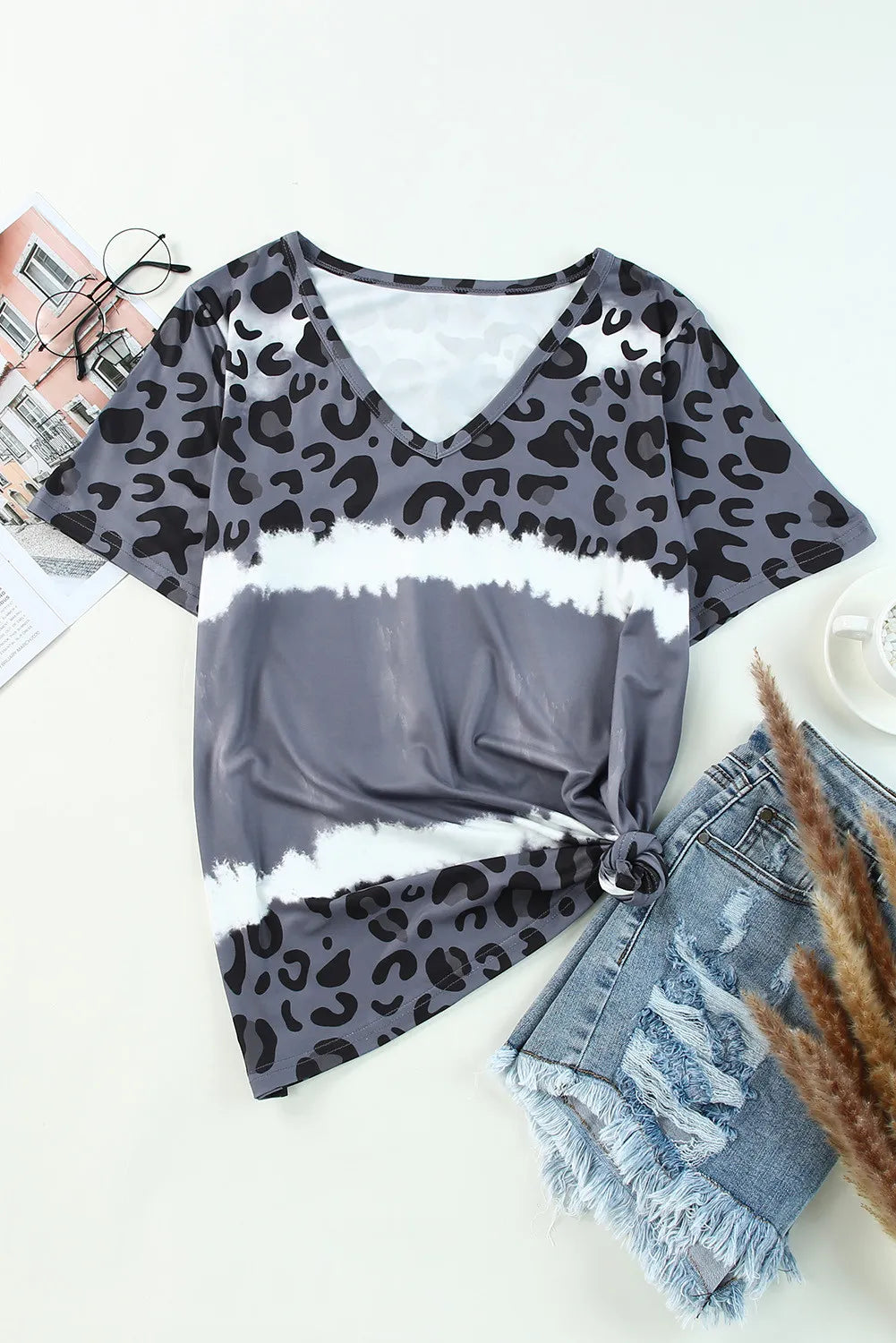 Leopard Print V-Neck Short Sleeve T-Shirt