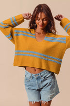 SO ME Fuzzy Striped Deep U-Neck Sweater – Oversized Cozy Top