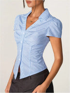 Striped Short Sleeve Button-Up Shirt with Collared Neck