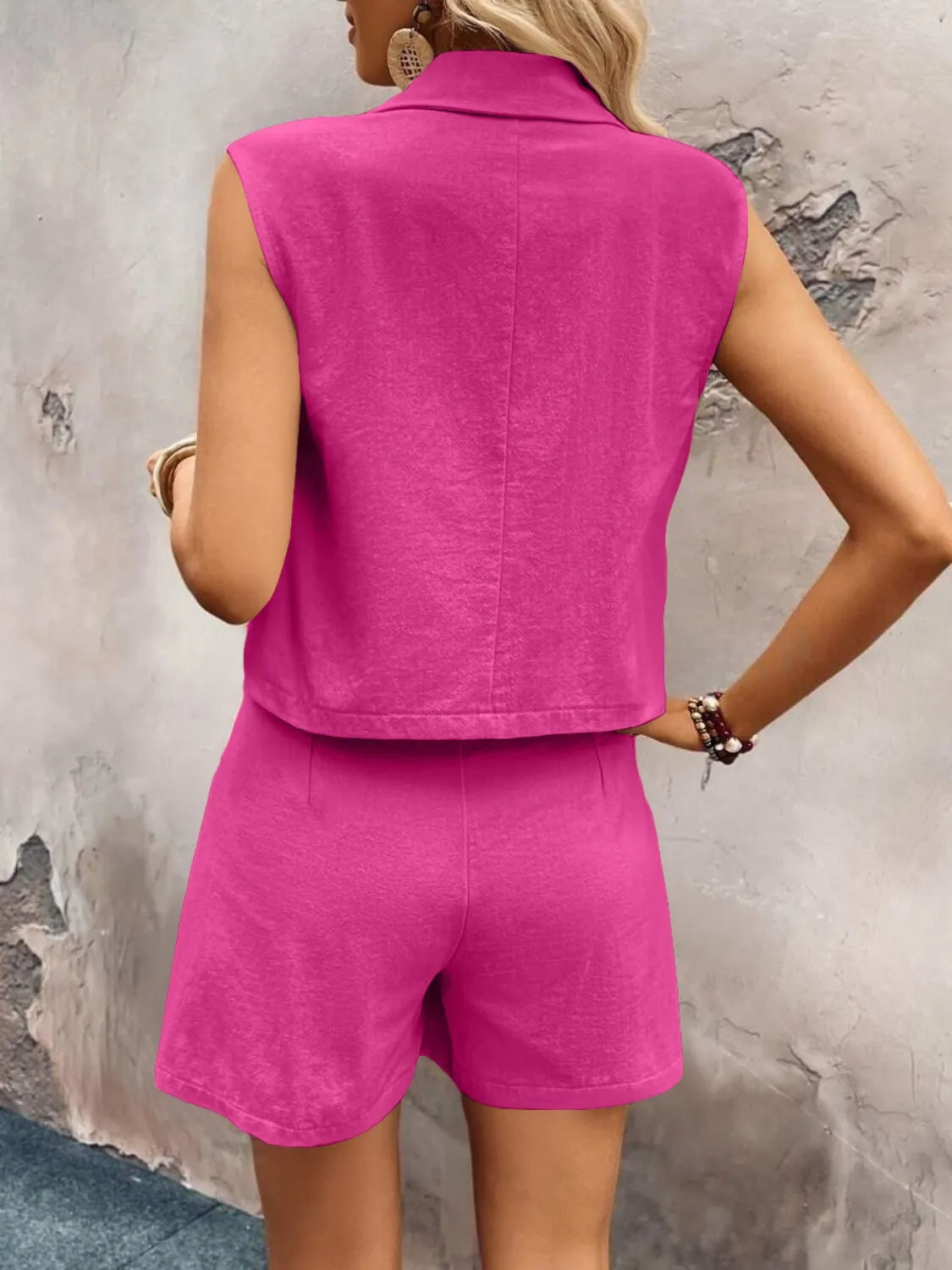 One-Button Sleeveless Cotton Top & Shorts Set