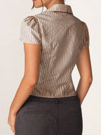 Striped Short Sleeve Button-Up Shirt with Collared Neck