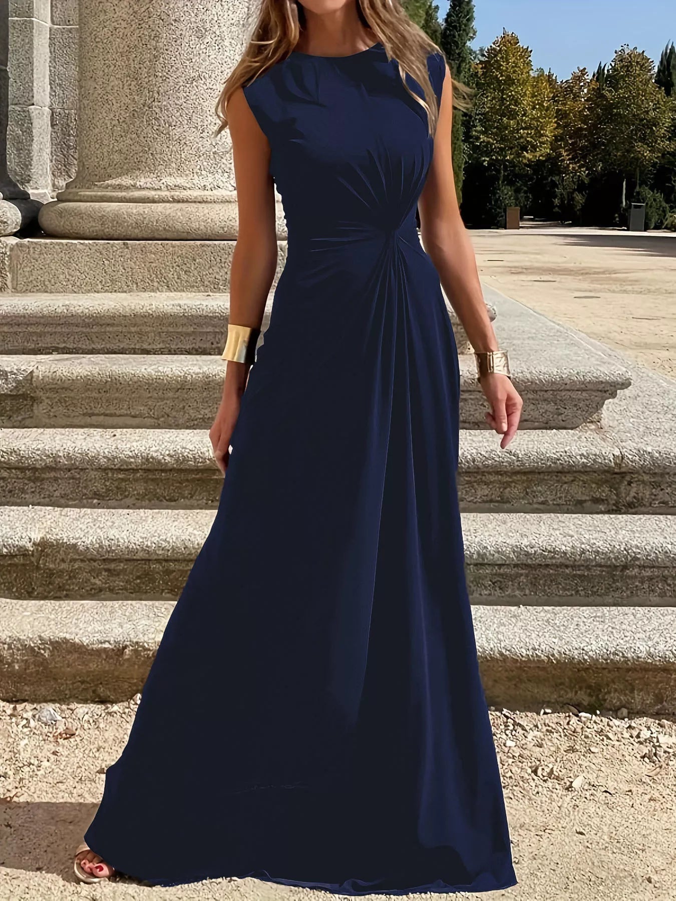 Twisted Round-Neck Sleeveless Ruched Maxi Dress Dark Navy