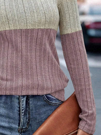 Color Block Round Neck Long Sleeve Sweater â€“ Cozy & Stylish for Fall