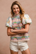 BiBi Ruffle Neckline Blouse With Embroidery Bubble Sleeve