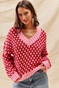SO ME Color Block Textured V-Neck Christmas Sweater Top RED PINK