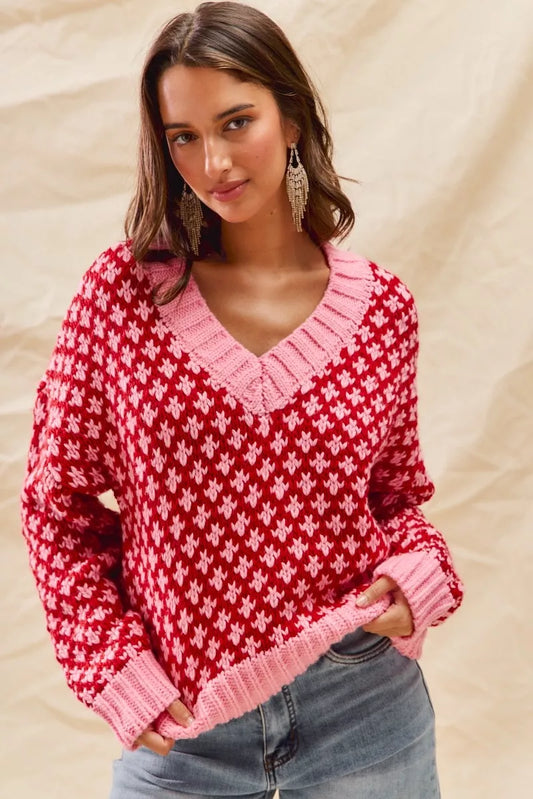 SO ME Color Block Textured V-Neck Christmas Sweater Top RED PINK