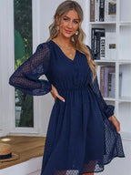 Swiss Dot Mesh V-Neck Dress with Balloon Sleeves