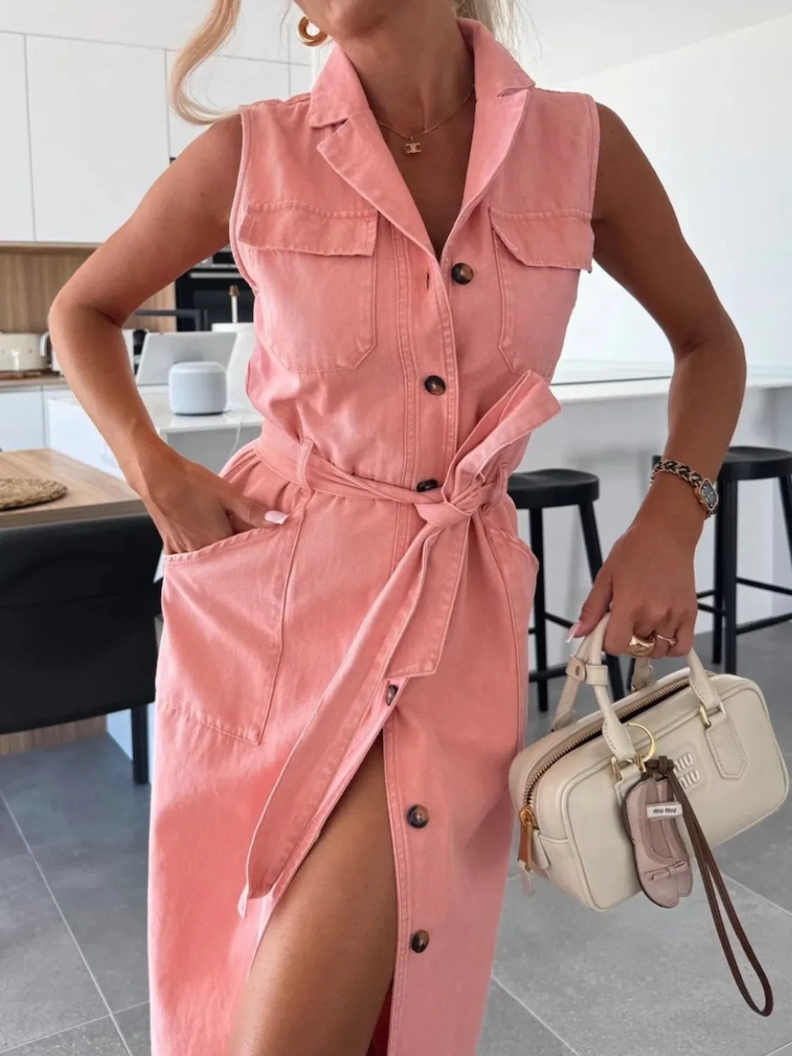 Sleeveless Button-Front Denim Maxi Dress with Belt Burnt Carol