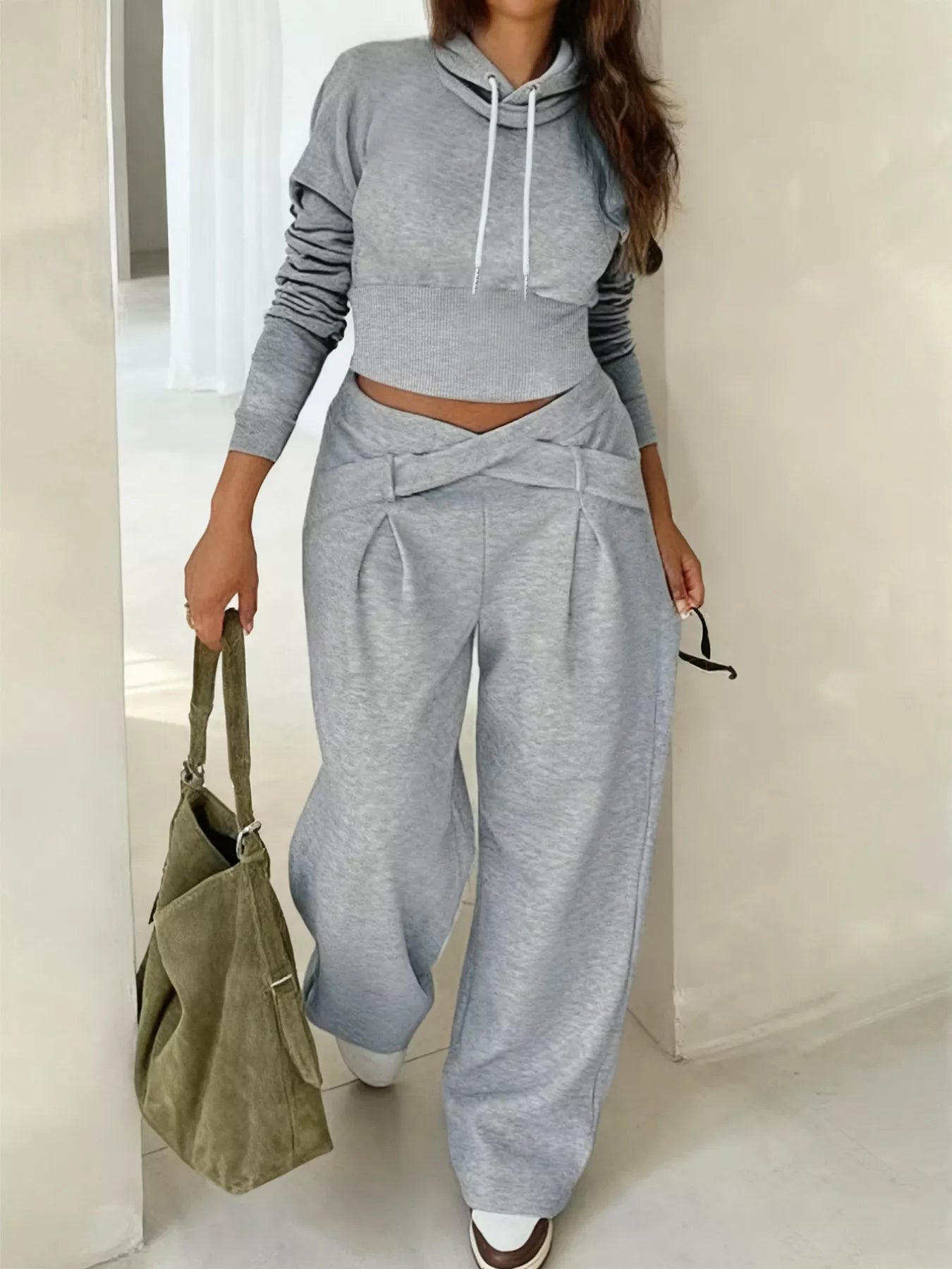 Trendy Casual Cropped Hoodie & Wide Leg Pants Co-ord Set Gray
