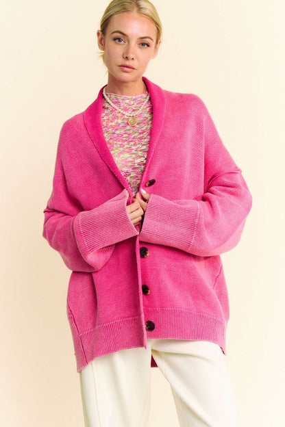 Davi & Dani Ribbed Shawl Collar Button-Up Cardigan Hot Pink