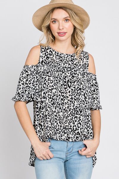 Heimish Full Size Leopard Print Cold Shoulder T-Shirt