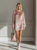 Full-Size Velvet Long Sleeve Mini Dress (Plus Size) Pink