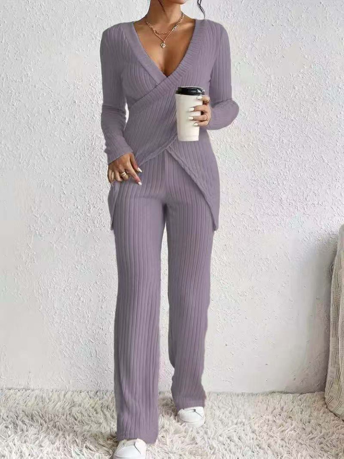 Surplice Long Sleeve Top & Pants Set - Chic Two-Piece Outfit Lilac