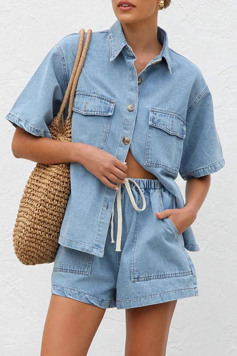 Collared Button-Up Denim Top and Shorts Set – Two-Piece Casual Outfit