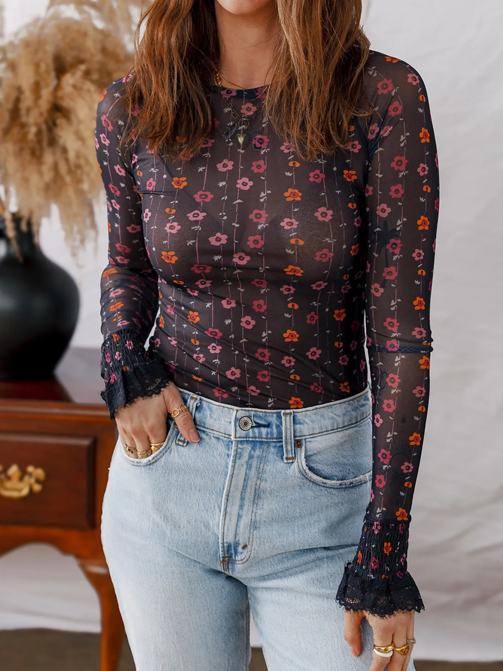 Floral Mesh Bodysuit with Smocked Cuffs – Slim Fit