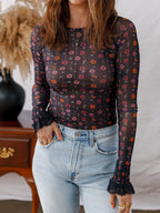 Floral Mesh Bodysuit with Smocked Cuffs – Slim Fit