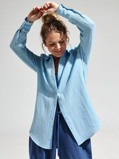 Textured Long Sleeve Collared Shirt - 100% Cotton Light Blue