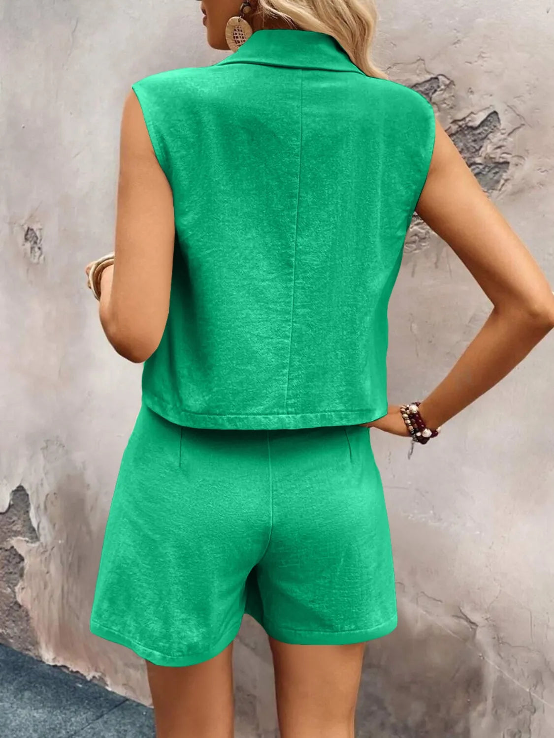 One-Button Sleeveless Cotton Top & Shorts Set