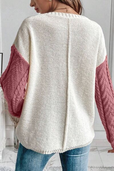 Color Block Pocketed Round Neck Sweater