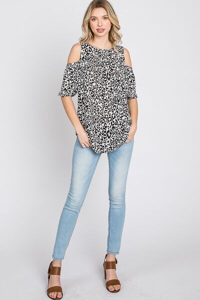 Heimish Full Size Leopard Print Cold Shoulder T-Shirt