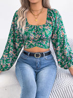 Floral Square Neck Ruched Crop Blouse with Balloon Sleeves