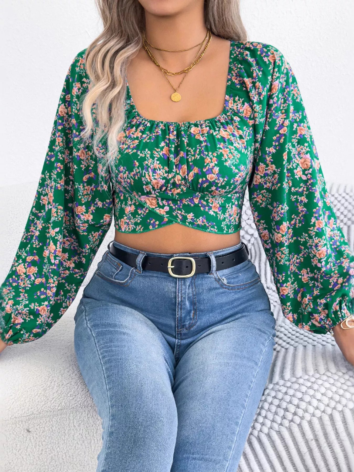 Floral Square Neck Ruched Crop Blouse with Balloon Sleeves