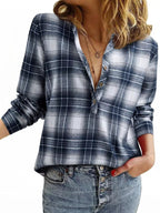Classic Plaid Half Button Long Sleeve Blouse