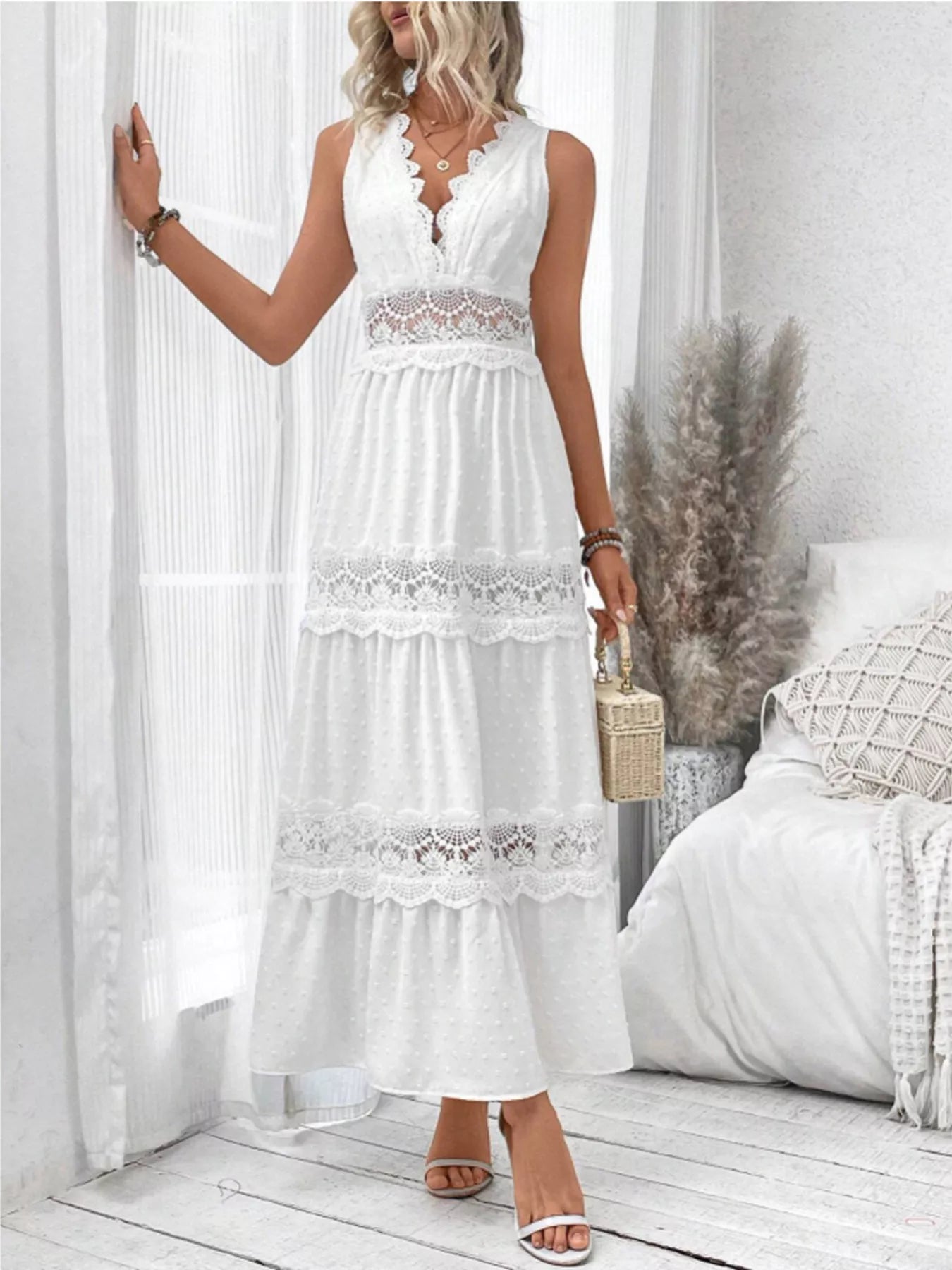 Plus Size Lace Detail Tie Back Sleeveless Tiered Maxi Dress