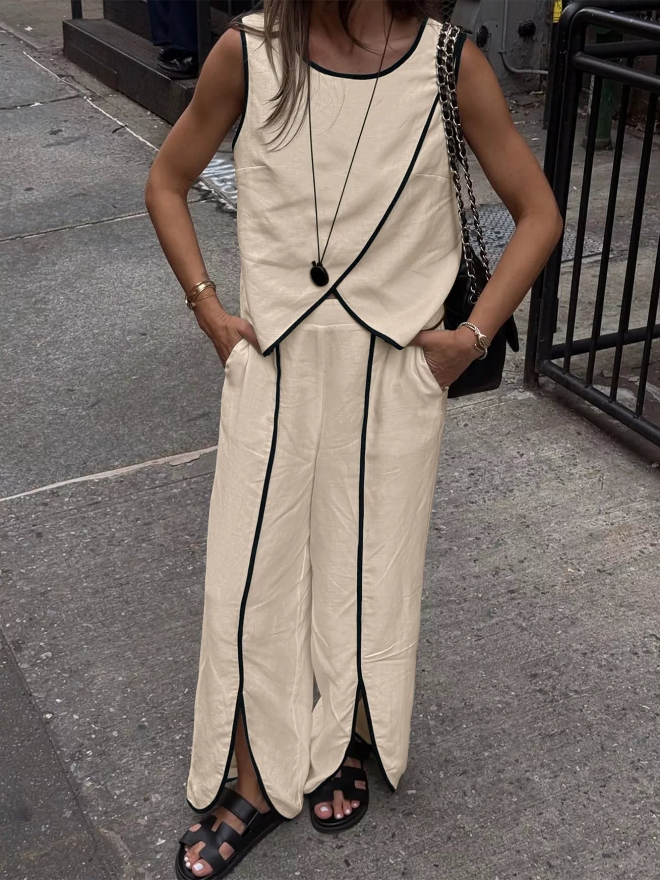 Contrast-Trim Top & Wide-Leg Pants Co-Ord Set