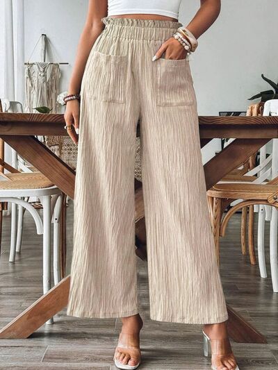 Elastic Waist Wide-Leg Pants with Pockets – Comfy & Chic Tan