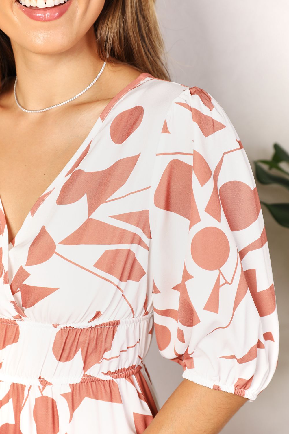 WhimsyGrace Printed Surplice Balloon Sleeve Midi Dress