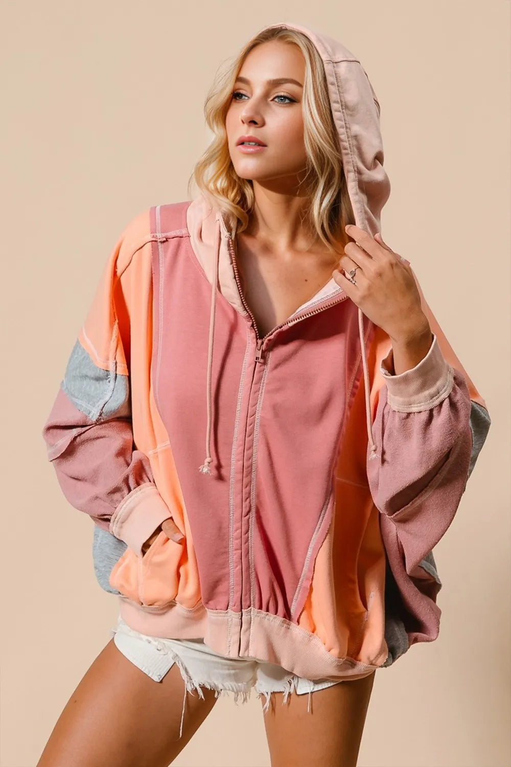 Double Take Full Size Color Block Zip-Up Hoodie with Pockets Burnt Carol