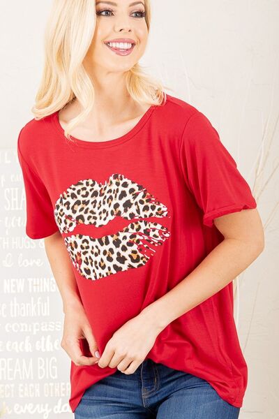 Heimish Full Size Leopard Lip Graphic Round Neck T-Shirt