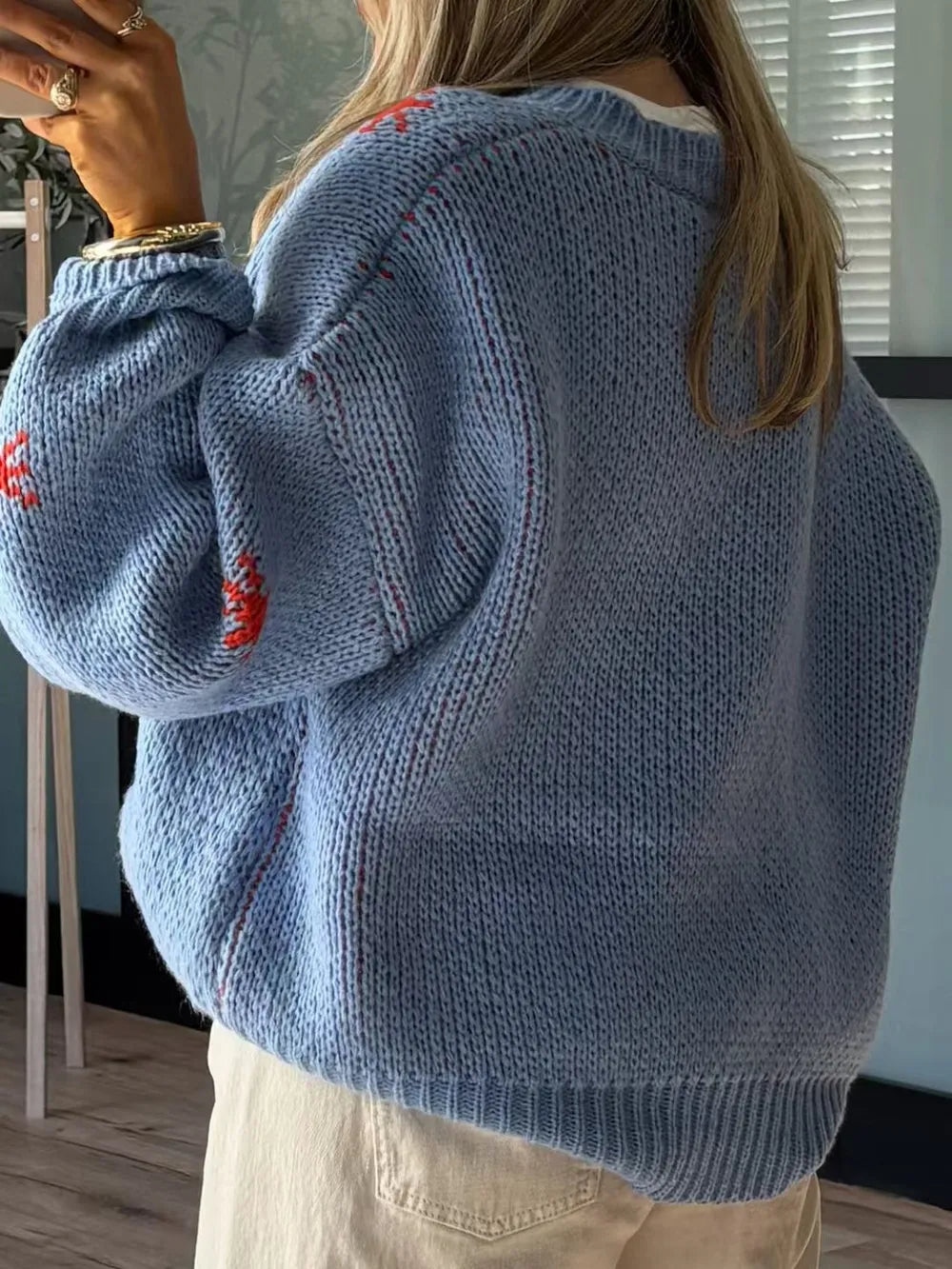 Boot Pattern Dropped Shoulder Round Neck Sweater