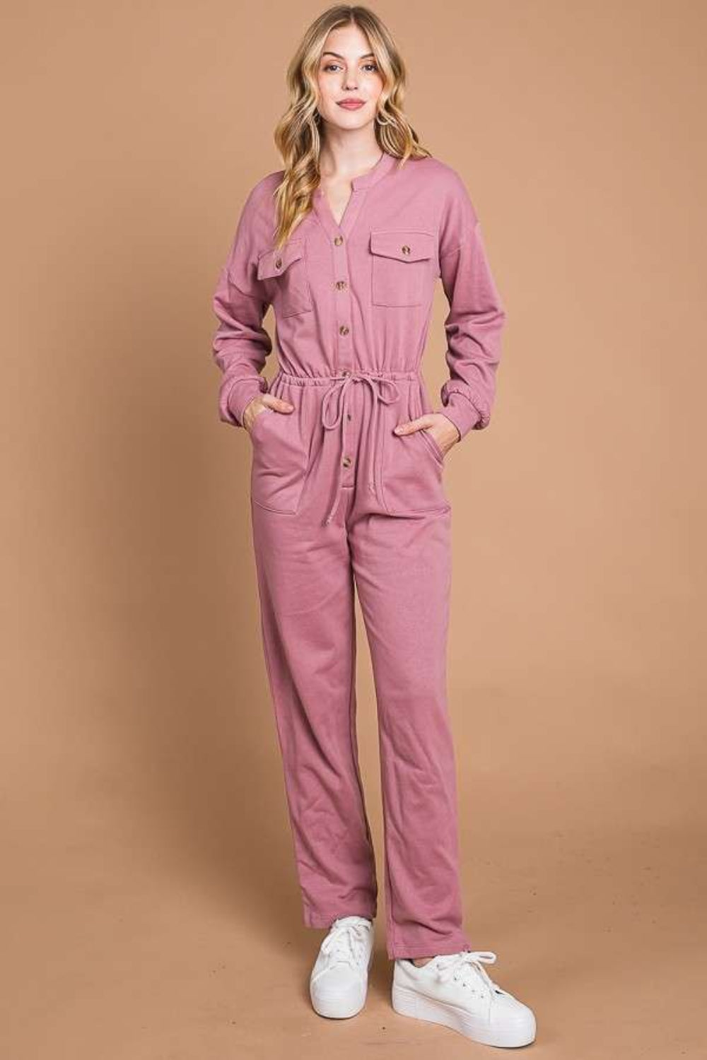 Culture Code Full-Size Button-Up Drawstring Waist Straight-Leg Jumpsuit Red Bean